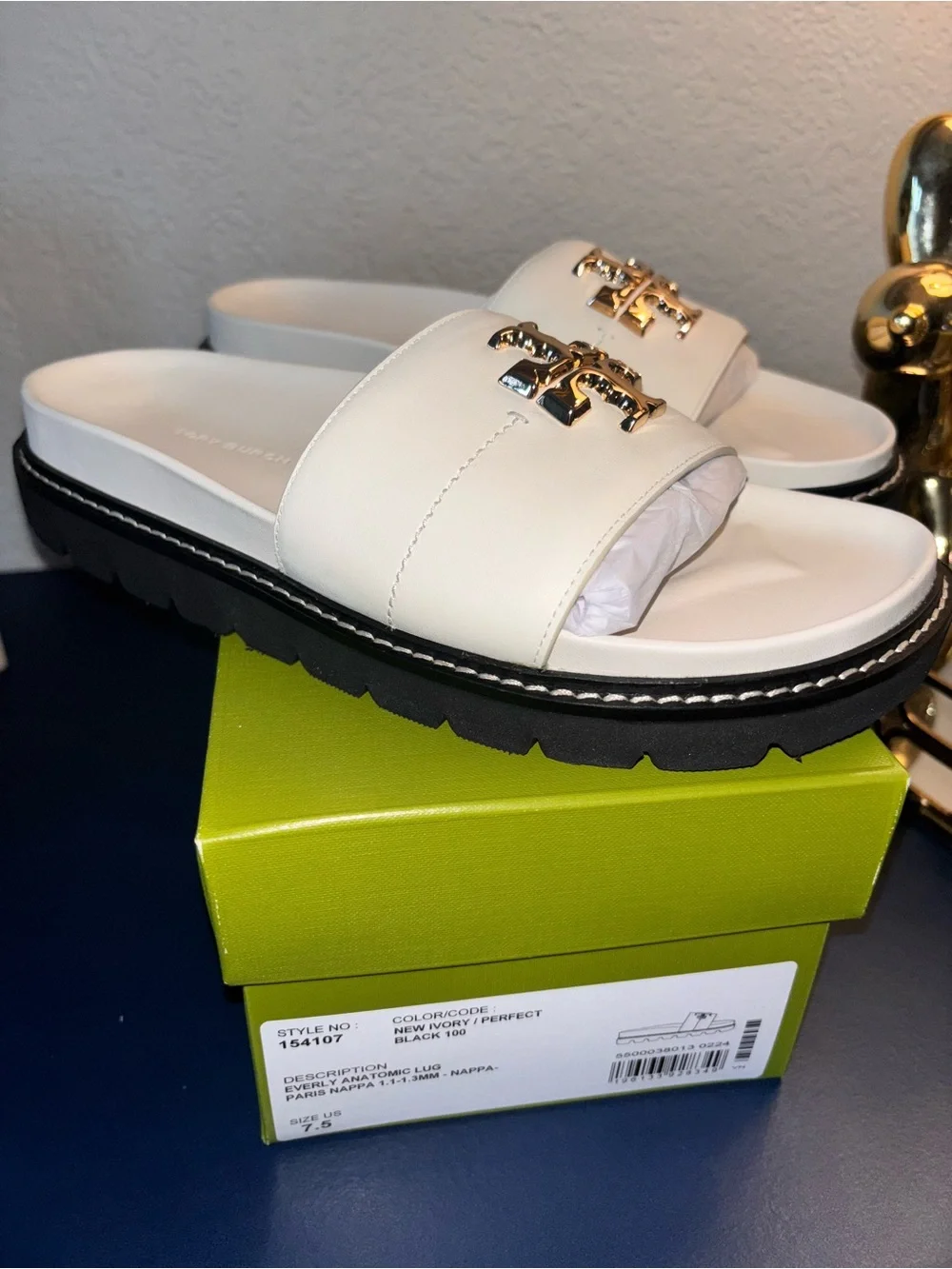 Tory Burch Cream Leather Slide Sandals with Gold Logo